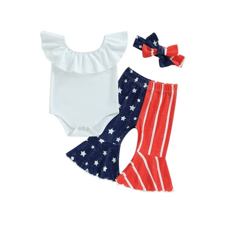 

jaweiwi Baby Toddler Girls 4th of July Pants Clothes Set Sleeveless Ruffled Romper with Stars Striped Flare Pants and Headband Summer Outfit