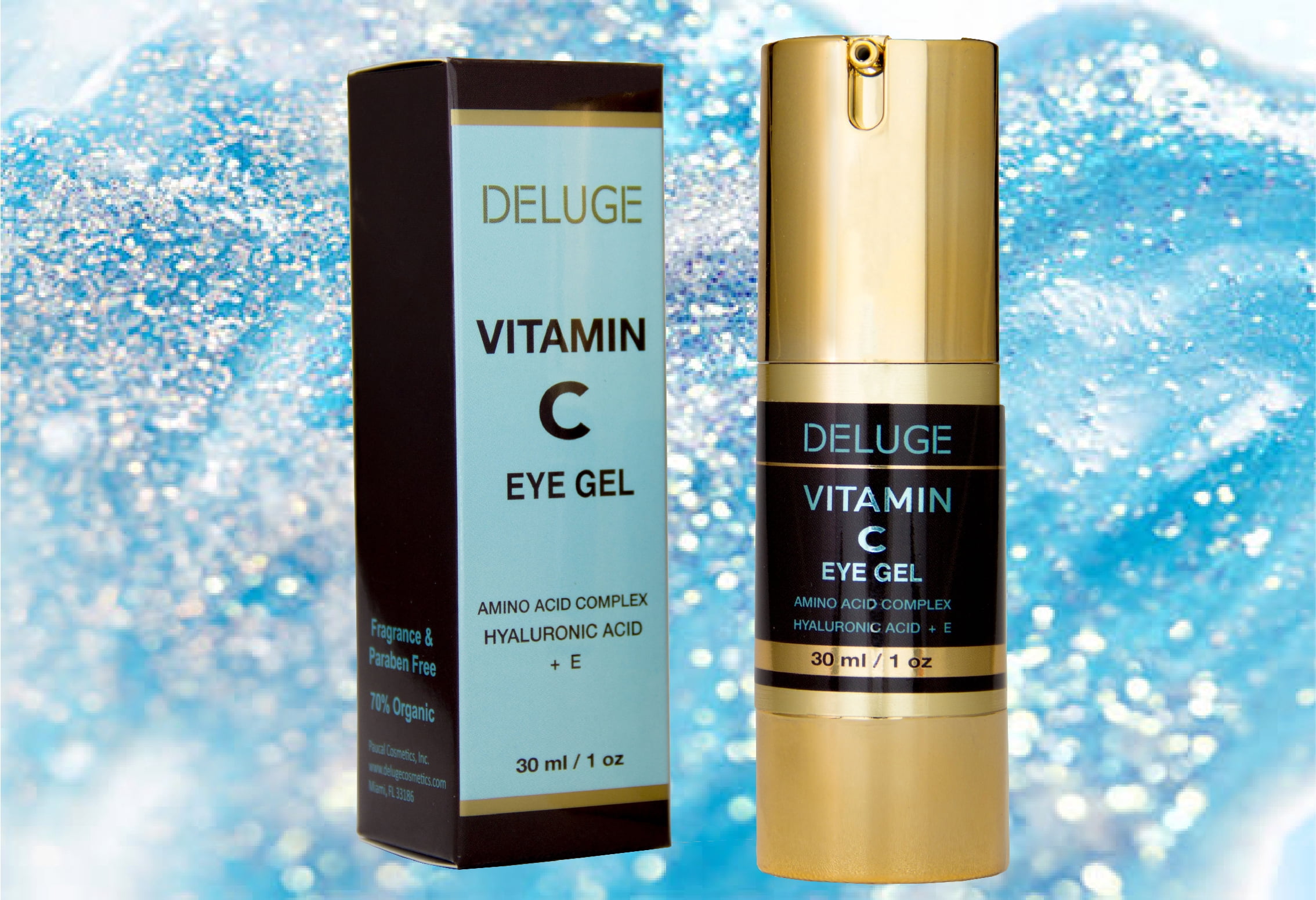 DELUGE -Vitamin C Eye Gel with Hyaluronic Acid + E + Amino Acid Complex. Dark Circles, Puffiness, Bags and Wrinkles