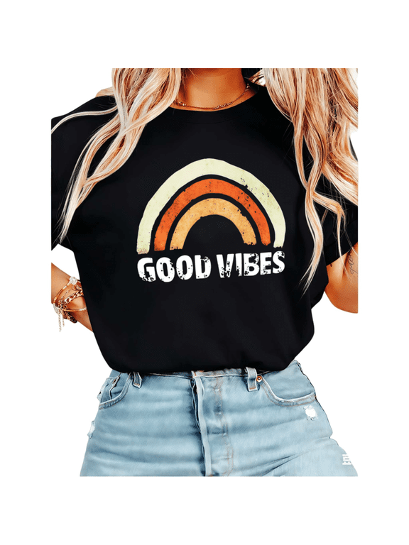 Women Good Vibes Retro Rainbow Graphic Tees T-Shirt Tops Round Neck Cotton T-Shirt Black S-5XL