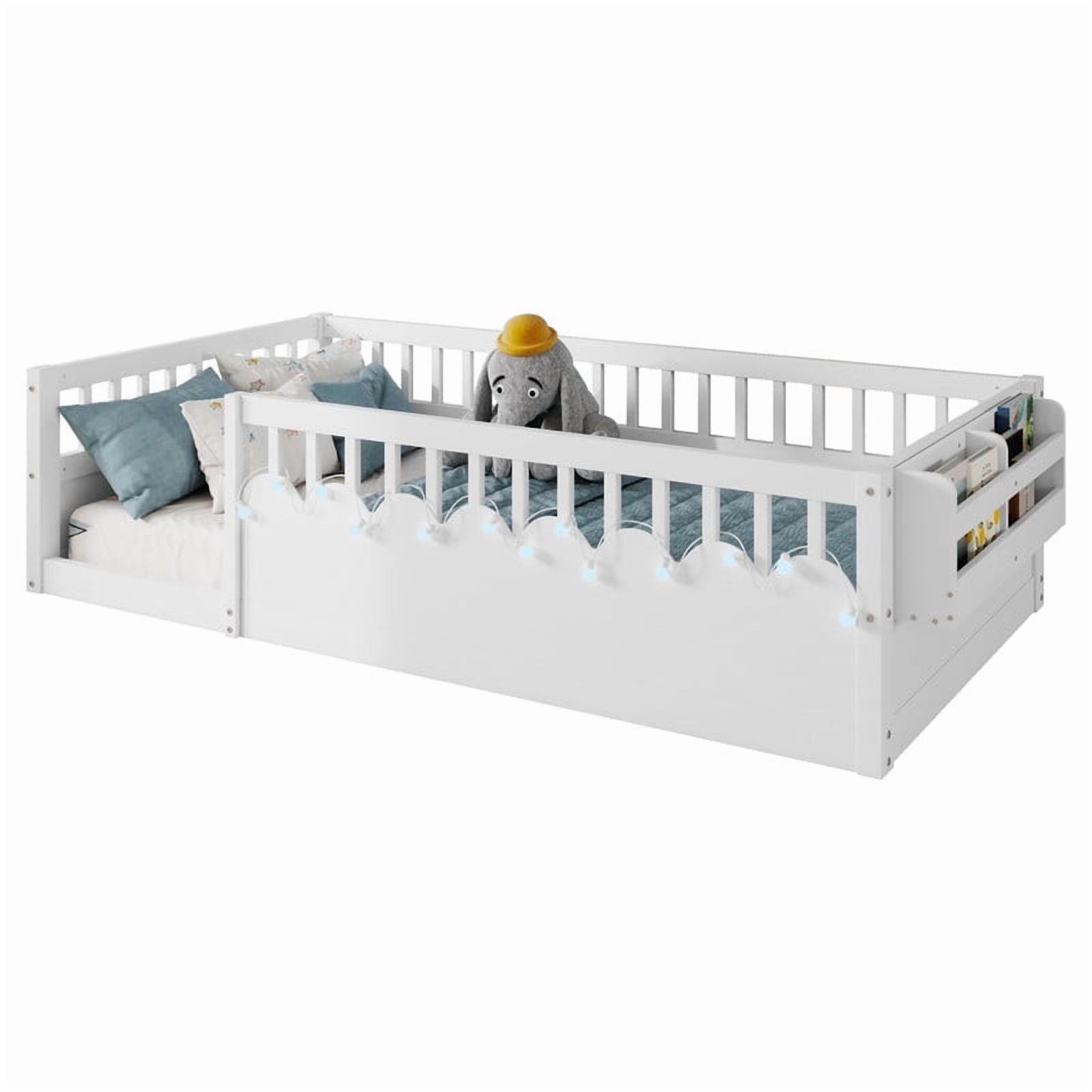 Montessori Floor Bed with High Rails, LED Lights & Storage Shelf, Safe & Wider Opening Gate Design, Twin Size Floor Bed for Boys & Girls, White