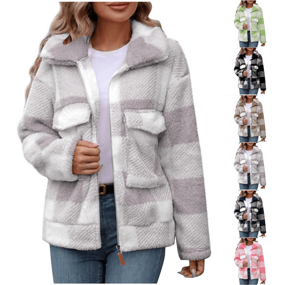 Women Jacket Plaid 2025 White Woman Winter Pockets Zipper Lapel Long Sleeve Blouse Jacket XL