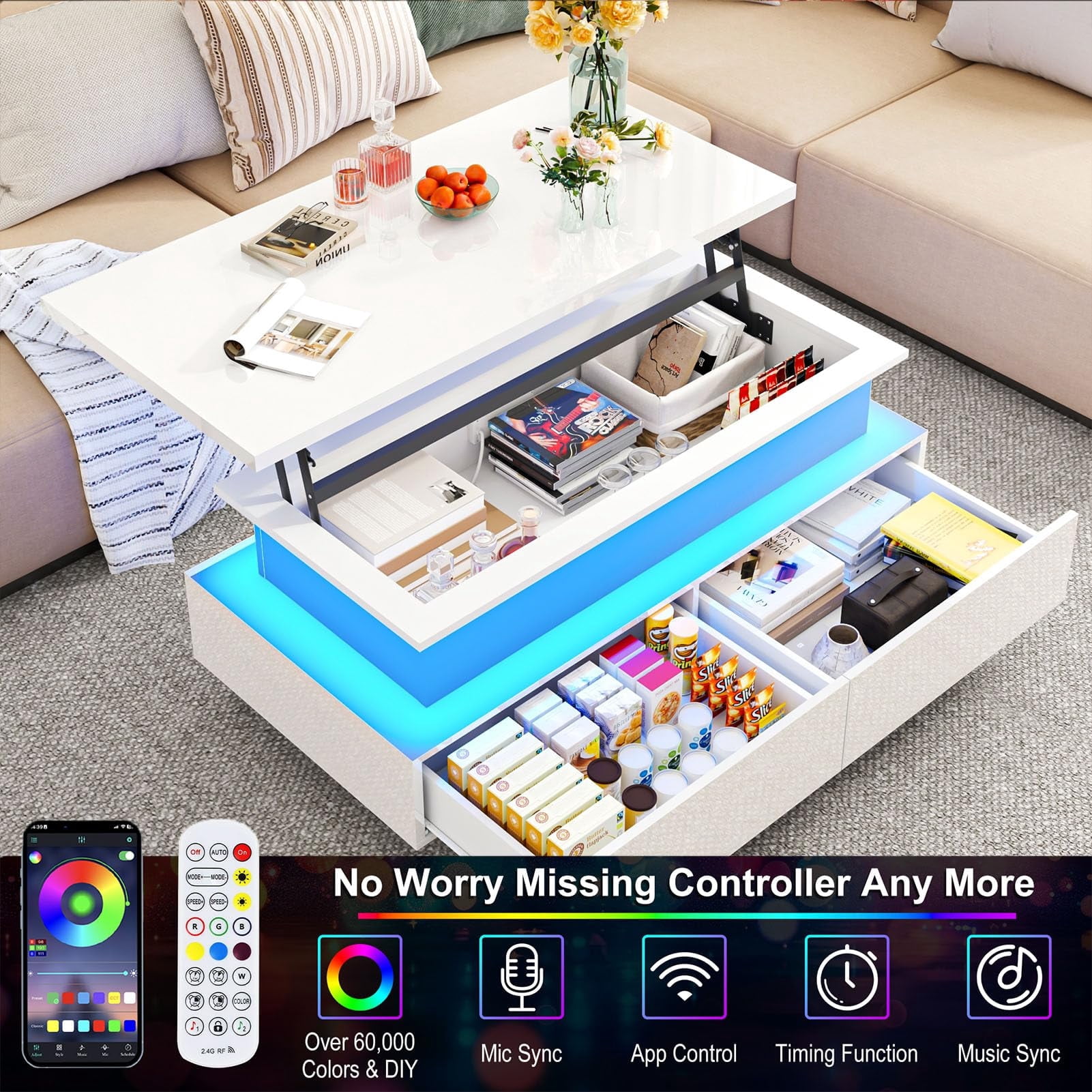 ANPOO 43.3" High-Glossy LED Coffee Table with 2 Sliding Drawers, Lift top Storage Coffee Table with Power Outlet and LED Lights for Living Room, Modern Stylish Double-Layer Center Tables, White