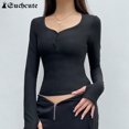 thumbnail image 2 of Camisetas básicas para mujer, cuello cuadrado grunge, color liso, informales, de manga larga, ajustadas, con botones, para otoño, 2 of 6