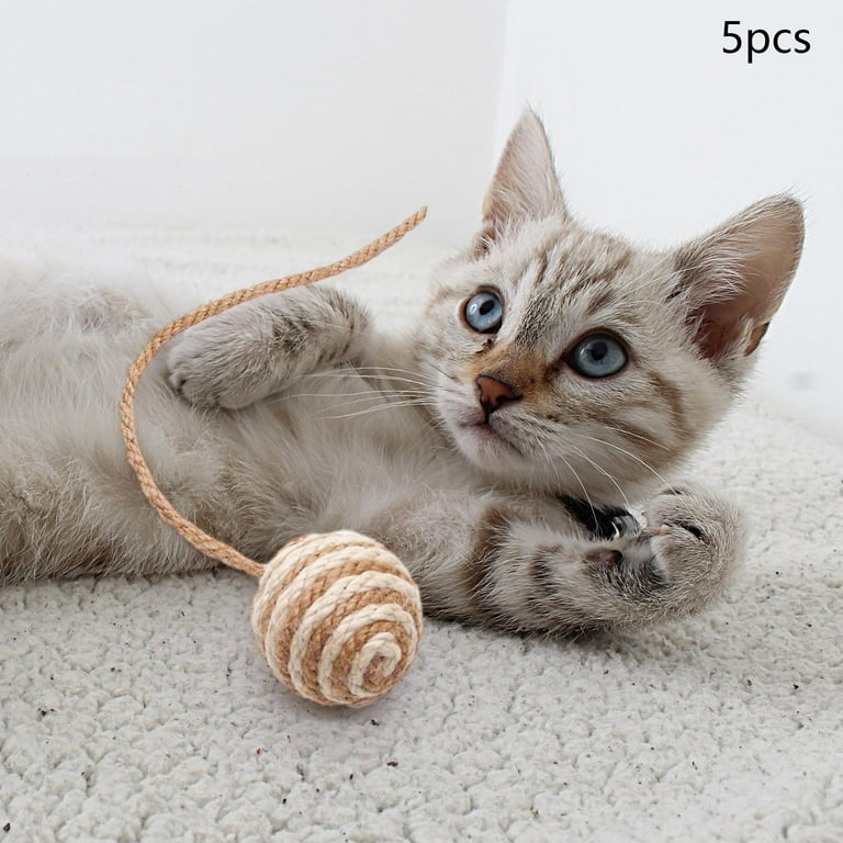 perfeclan 5 Pieces Cat Toys Sisal Ball Cat Hemp Rope Balls Self Play Kitten Chasing and Playing Long Rope Teasers Handmade Cat Rope Ball 4.5cm White