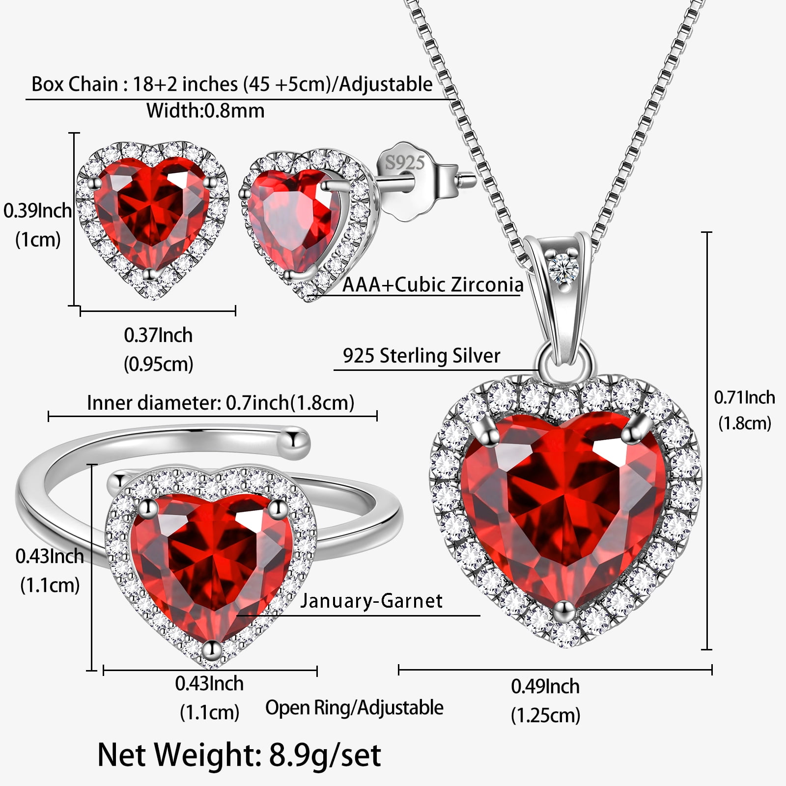 Juwaliy Heart Jewelry Set for Women Necklace Earrings Ring 925 Sterling Silver January Birthstone Garnet Red Mother Christmas Birthday Valentines Gift