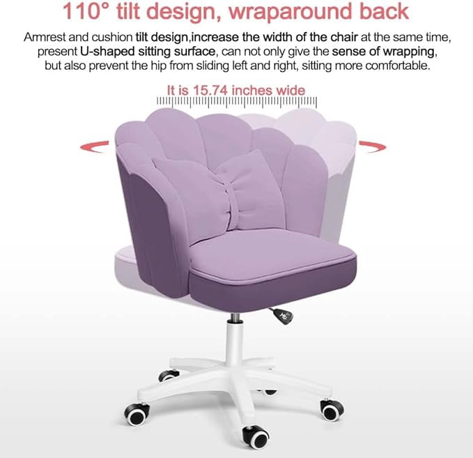 Petal Desk Chair with Bow Cushion Velvet Vanity Chair with Wheels, Upholstered Home Office Chair for Girls Women, Mid-Back Swivel Computer Task Chairs for Living Room Bedroom