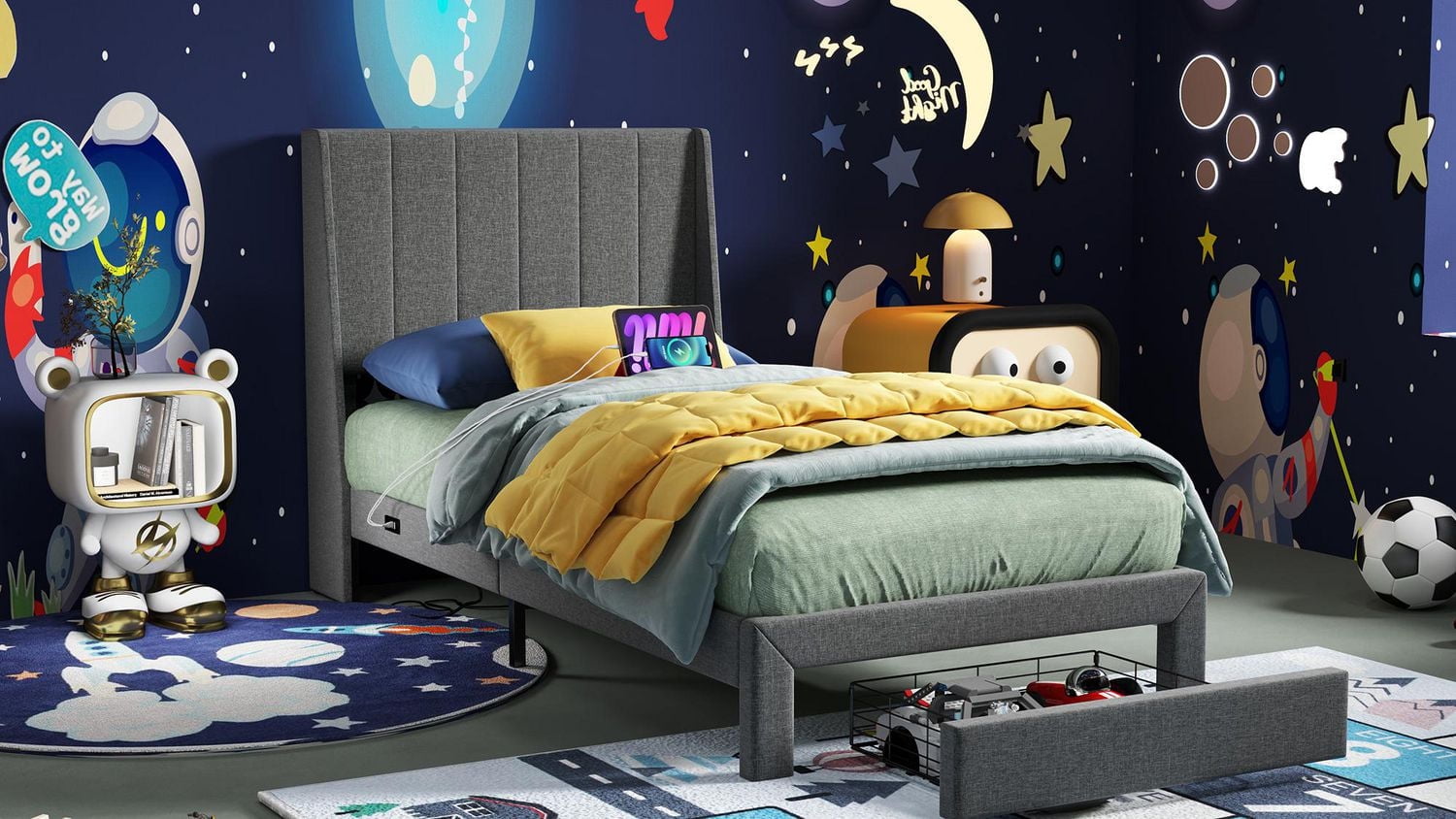 Ensemble de lit pour enfant Homy Casa avec tête de lit rembourrée, support à lattes en bois, ports de chargement USB et tiroirs de rangement.