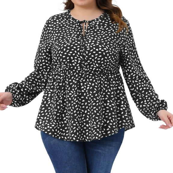 DARING DIVA Women's Plus Babydoll Polka Dots Tie Front Neck Blouse 1X Black