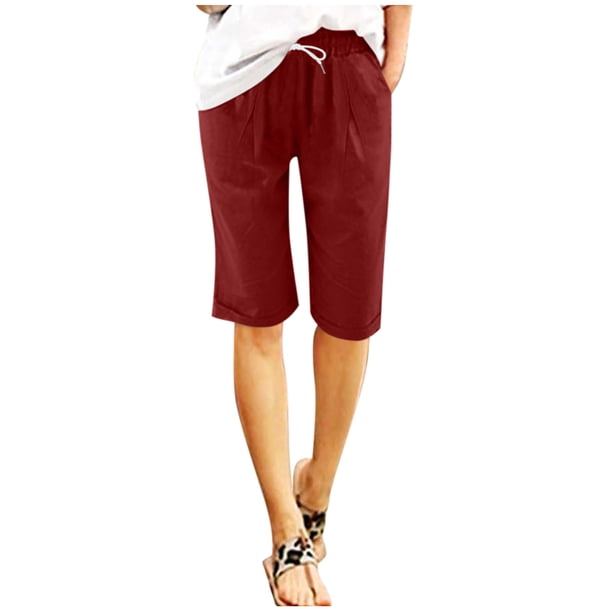 Pantalones Cortos de Sueño para Mujeres Suave Color Sólido Capris, Cordón de Cintura Elástica con Bolsillos para Pijamas de Salón