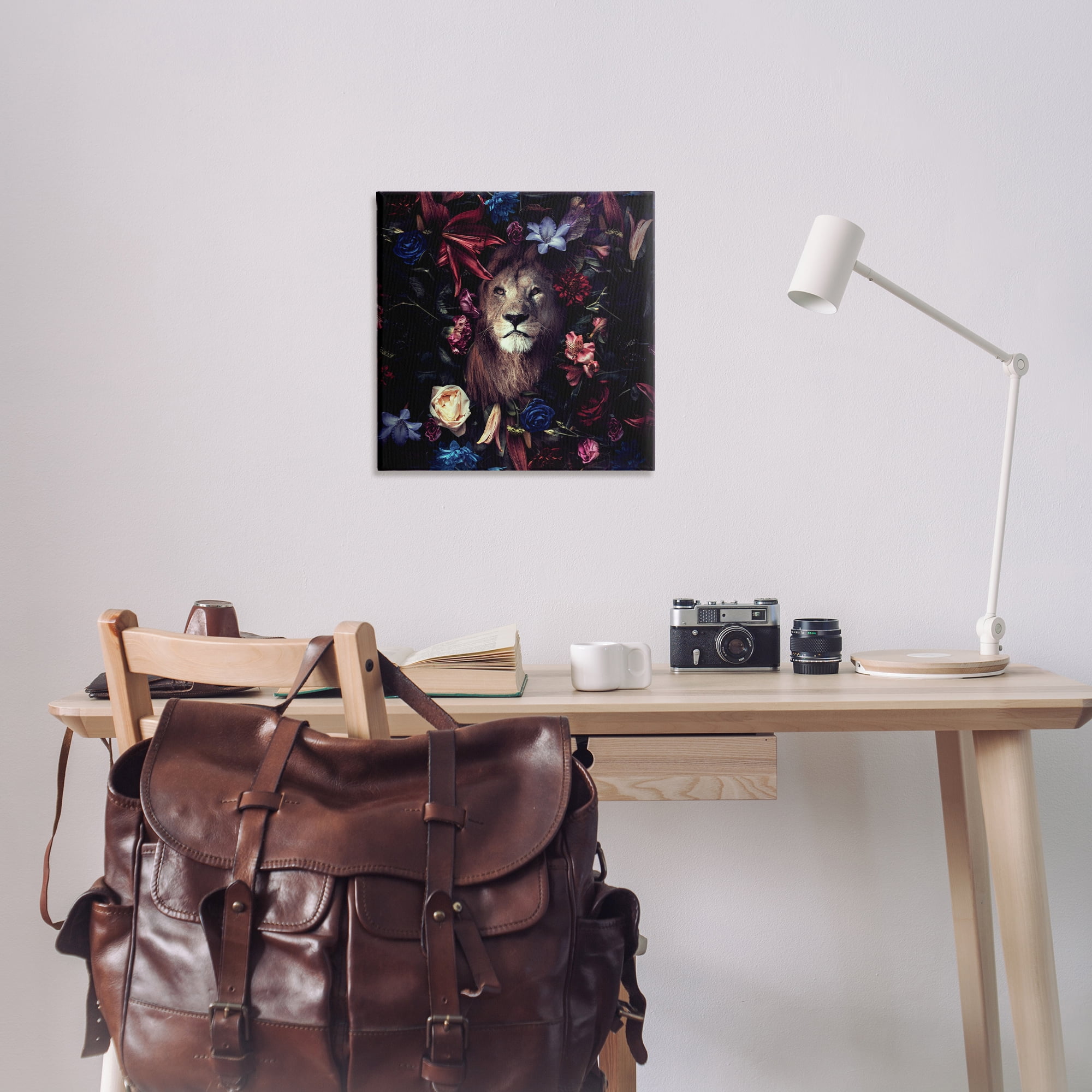 Stupell Industries Lion & Dark Blooms Animals Painting Wrapped Canvas Art Print Wall Art, 24 x 24