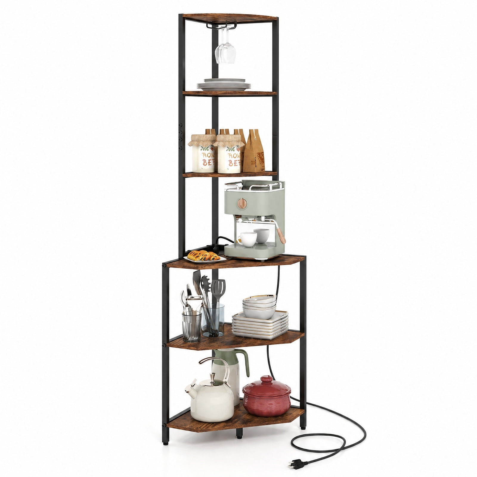 Furnibear 65 Inch 6-Tier Corner Shelf with Charging Station and Ambience Light for Living Room Home Office Bedroom Display Storage Shelf, Rustic Brown