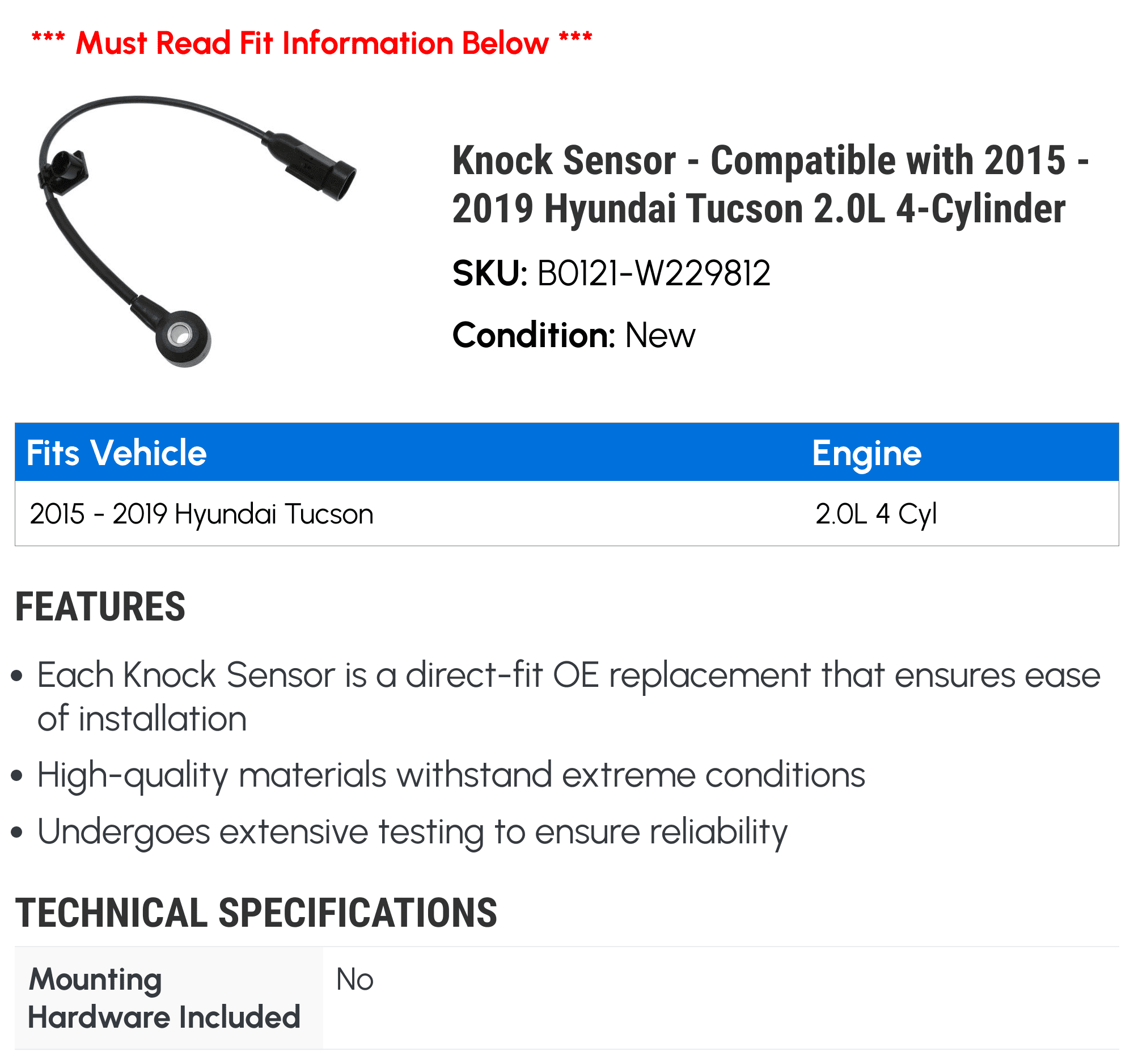 Knock Sensor - Compatible with 2015 - 2019 Hyundai Tucson 2.0L 4-Cylinder 2016 2017 2018