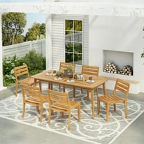 GDF Studio 7-Piece Outdoor Patio Dining Set with Acacia Wood Curved Table and Slatted Chairs, Teak Finish