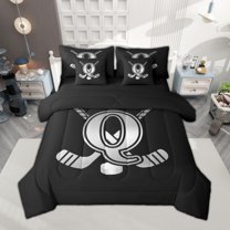 Homewish Personalized Initial Q Bedding Comforter Set 7-Piece for Kids Boys Girls, Ice Hockey Sport King Bedding Sets, Black and Gray Bed Sheets, Luxury Bedroom Decor