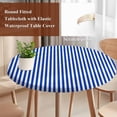 thumbnail image 4 of Navy Blue Stripe Round Tablecloth, Fitted Table Cover with Elastic for 36"-44" Round Tables, Modern White Vertical Striped Geometric Table Cloth Outdoor Indoor Dinning Party Waterproof Tablecloths, 4 of 7