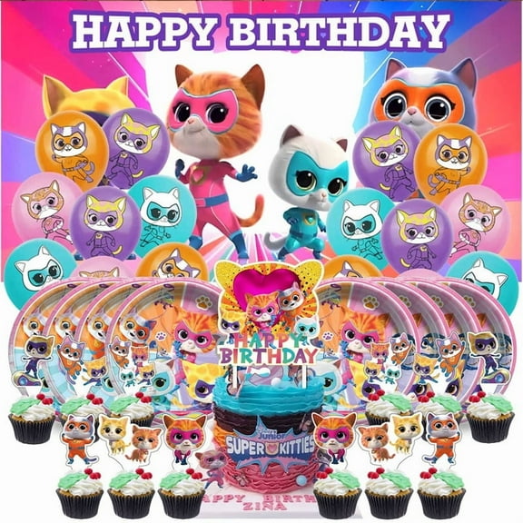 Super Kitties Birthday Party Supplies Balloons Paper Plates Decoration Cake Topper Decor Tableware Banner Backdrop