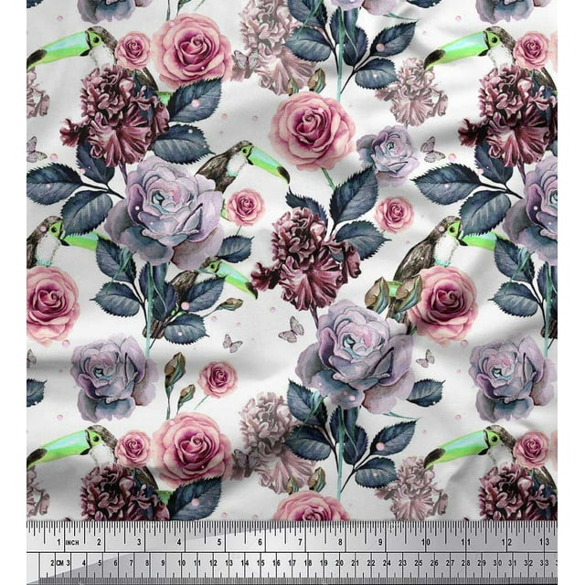 Soimoi Tissu Poly Georgette Feuilles & Fleurs de Rose Tissu Imprimé 1 Yard 42 Pouces de Large