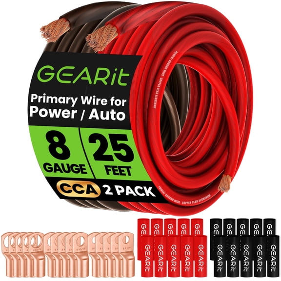 GEARit, 8 Gauge Wire, 15 Lugs, 20 Heat Shrink Wrap, for Automotive, Battery Cable, Amp Kit, Amp, CCA Wire, Wire, Amp Kit, Battery Cables, Amp Wiring Kit, (25 feet Each- Black/Red)