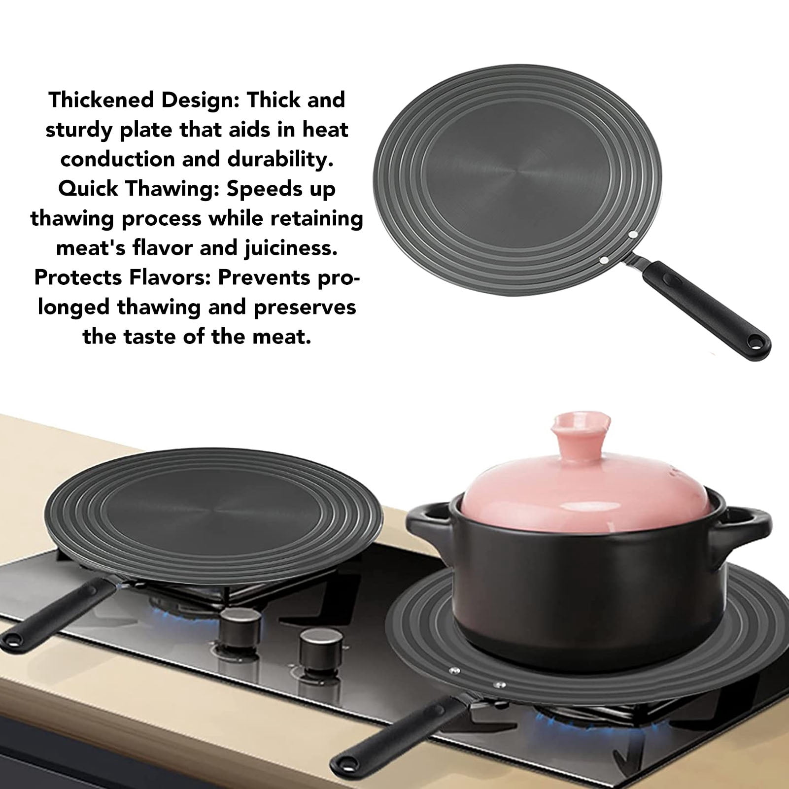 Yajisi Stovetop Heat Diffuser Plate 11 inches / 28 cm Large Simmer Plate 4mm Thickened Aluminium Alloy Fast Thawing Tray for Gas Stove Kitchen Accessories with Heat Resistant Handle