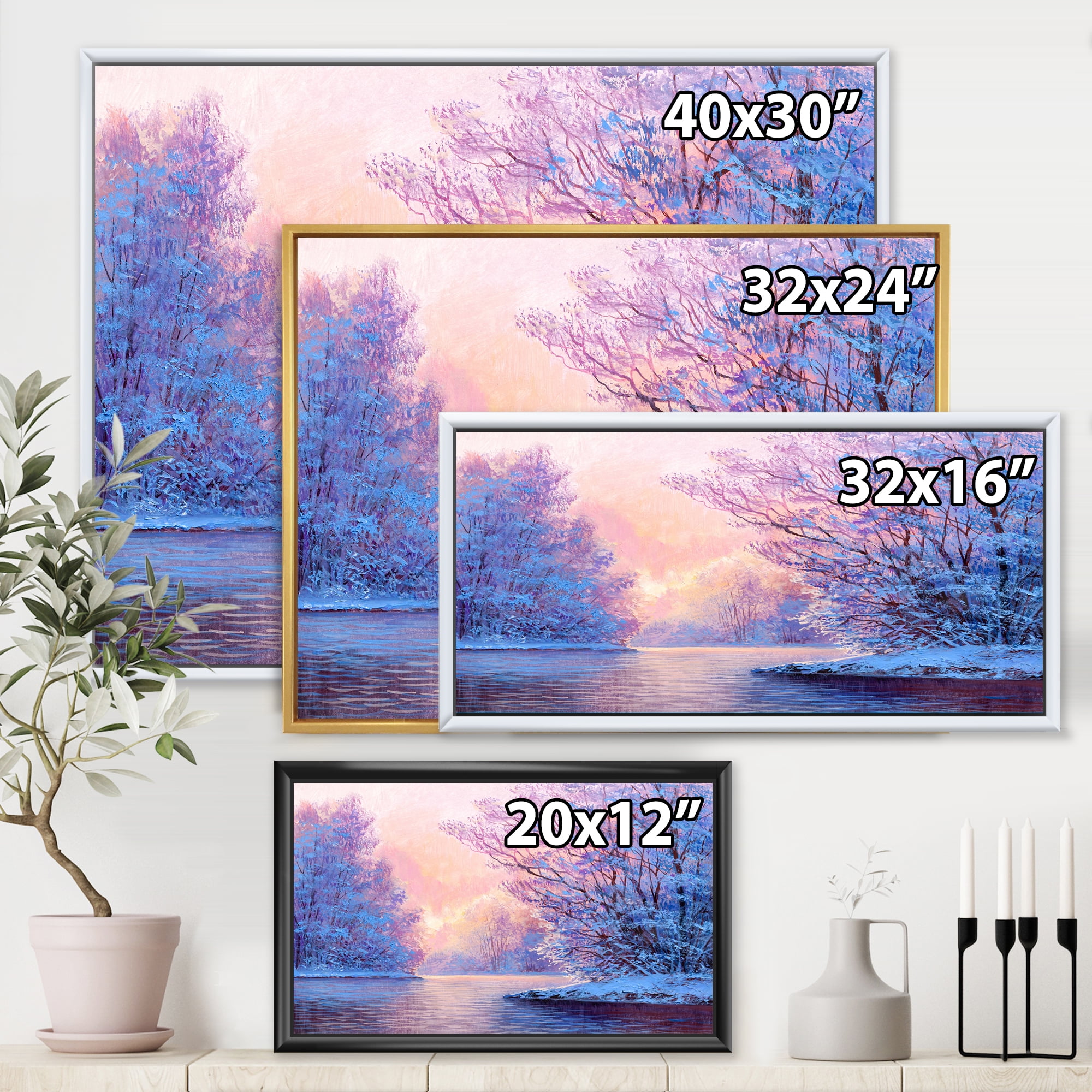 The River Original With Winter Landscape 32 in x 16 in Framed Photography Canvas Art Print, by Designart