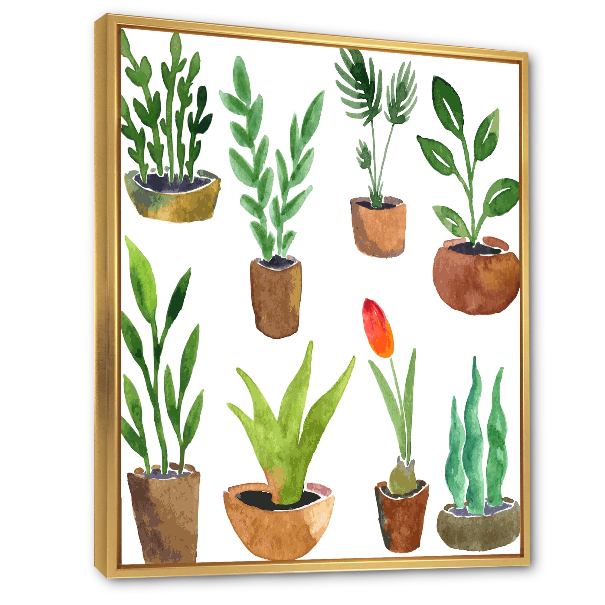 Designart 'Eight House Plants In Claypots' Traditional Framed Canvas Wall Art Print