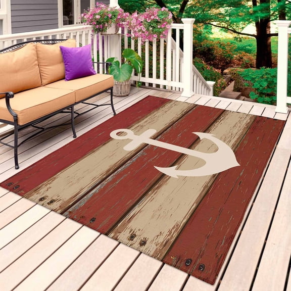 Nautical Anchor Outdoor Rug 5x7 Ft, Non Slip Washable Area Rug, Red Beige Rretro Wooden Board Textures Patio Rugs Carpet Runner, Large Floor Mat for Indoor/Outdoor Deck Porch Camping