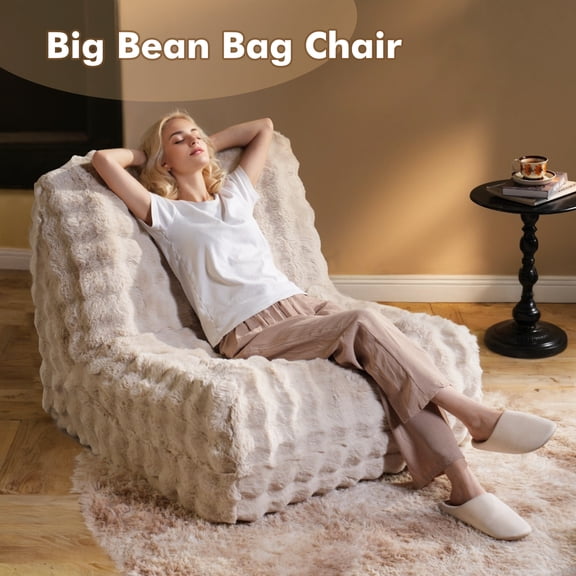 XIZZI Bean Bag Chair, Oversized Ultra-Soft Plush Faux Fur Lounge Chair, Fluffy Cozy Lazy Sofa for Living Room Bedroom, No Assembly Required, Beige
