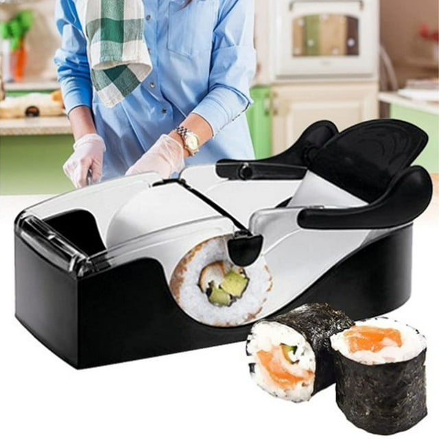 rodillo para hacer sushi, máquina para hacer sushi liviana con ranura: máquina de PP negra y blanca de 7.8 x 6.2 x 18.5 cm (220 g) con molde curvo y palanca para formar maki; desmontable para limpiar, apta para fiestas y uso doméstico; incluye 1 unidad; también usada para preparar rollos rápidos para picnic.