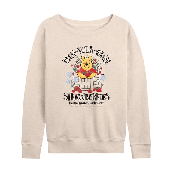 Winnie The Pooh - Pooh Strawberries Women's Lightweight French Terry Wide Neck Long Sleeve Graphic Shirt