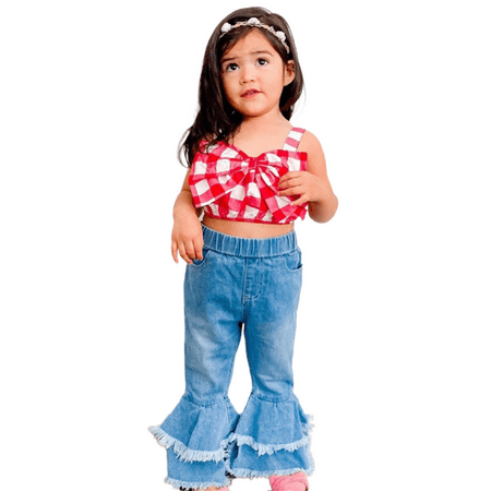 

Gwiyeopda 1-6Y 2PCS Toddler Baby Girls Casual Outfits Love Print Sleeveless Strap Vest Crop Top Flared Jeans