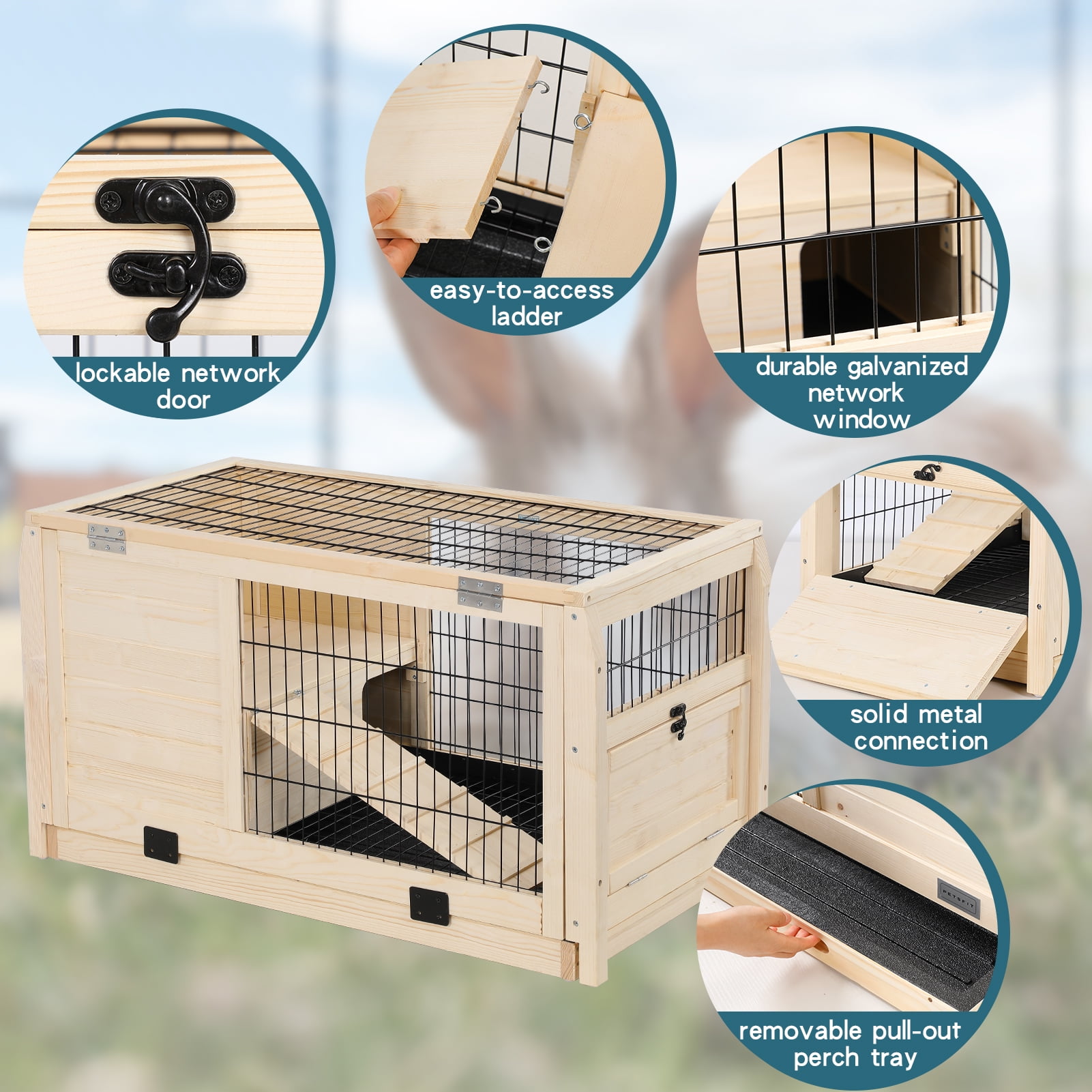 Petsfit Rabbit Hutch Pet House for Small Animals ，Guinea Pig Cage Spruce Wood Rabbit Hutch Ramp for Enter and Out