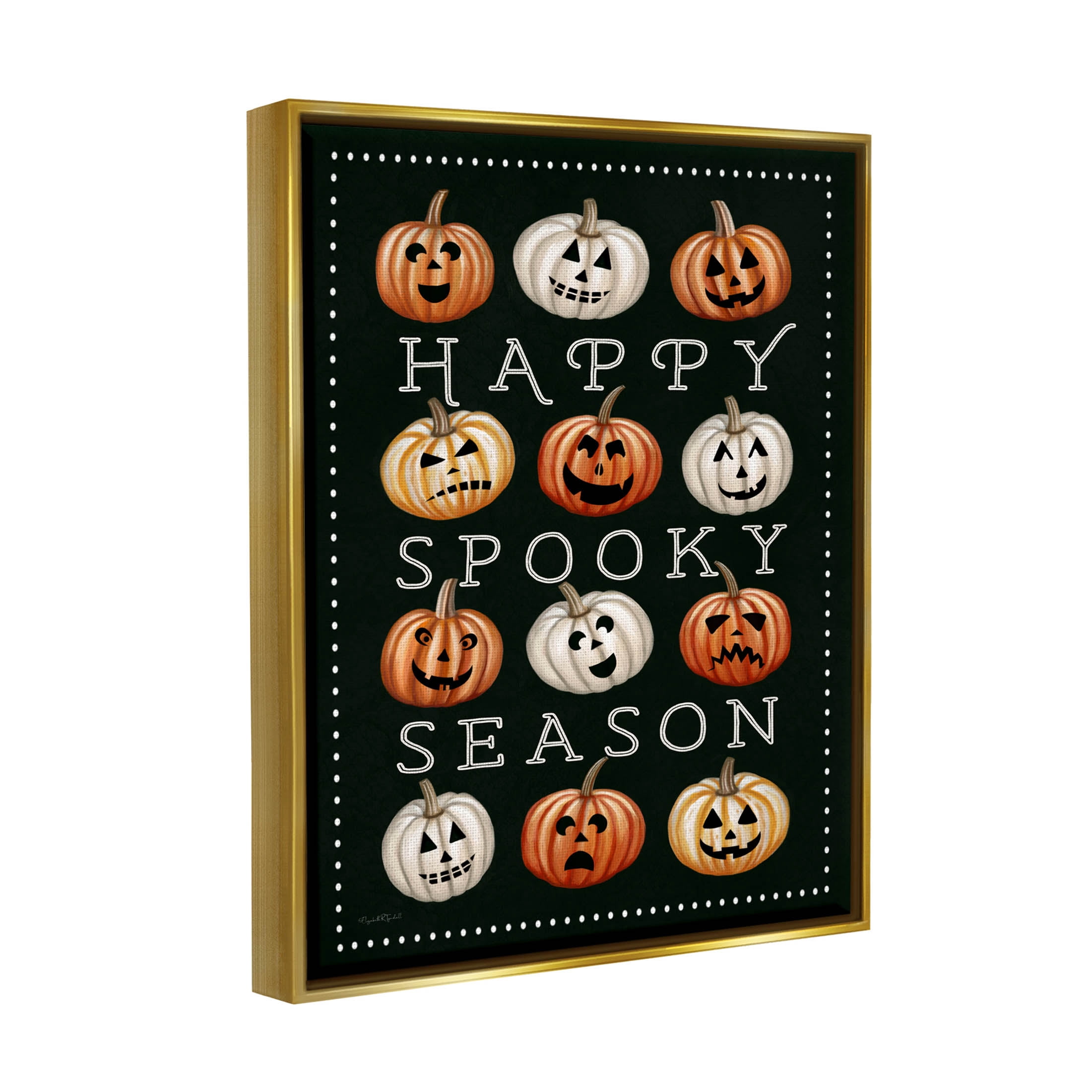 Stupell Industries Happy Spooky Season Pumpkins Graphic Art Metallic Gold Floating Framed Canvas Print Wall Art, Design by Elizabeth Tyndall