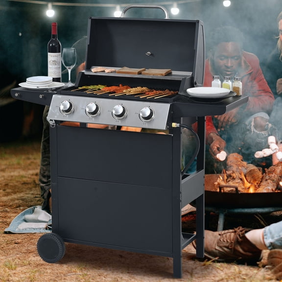 4 Burners BBQ Propane Gas Grill Side Burner & Thermometer, Stainless Steel 34,200 BTU Output Stainless Steel Grill for Patio Garden Barbecue Two Shelves (4-Burners Grill)