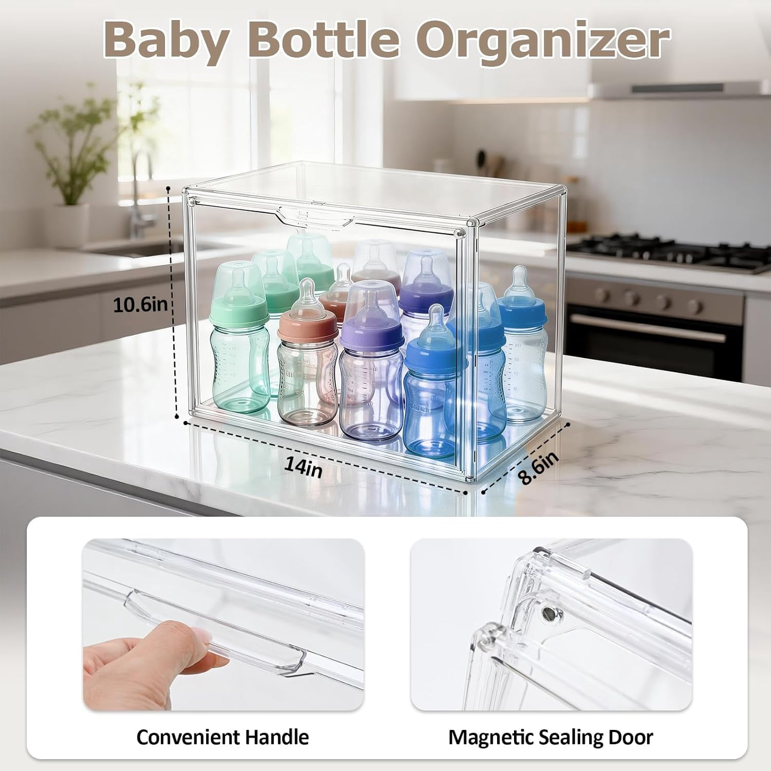 Baby Bottle Organizer, Stackable Clear Cabinet And Countertop Storage Bin With Magnetic Door For Bottles, Pacifiers And Pump Parts, Clear
