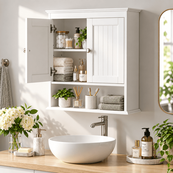 PAWON Wall Cabinet with Beadboard Doors and Open Shelf,Wall Organizer for Bathroom,White