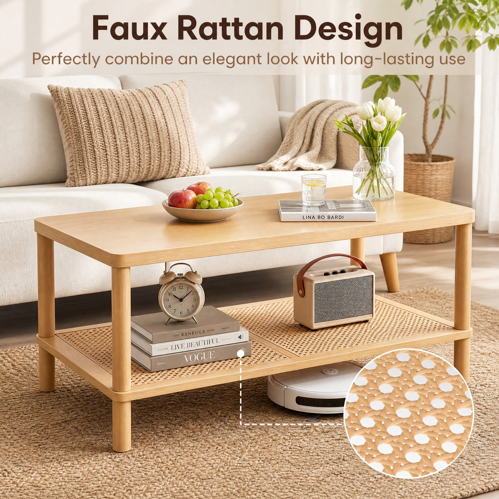 Furnibear 2 Tier Boho Rectangular Coffee Table with Rubber Wood Frame and Faux Rattan Open Storage Shelf for Living Room Home Office, Natural