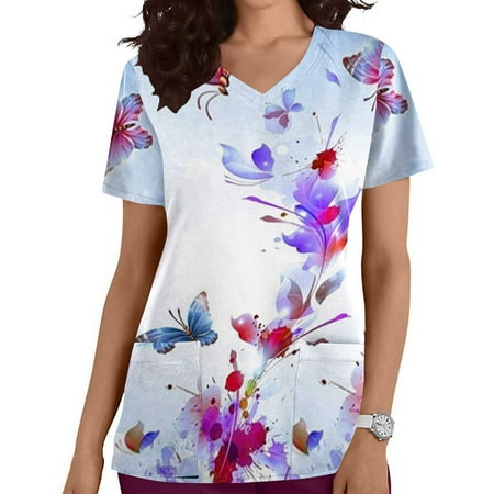 

Lolmot Scrub Tops Womens Butterfly Print V-Neck Fun T Shirts Medical Workwear Soft Stretch Nursing Uniform Tee with Pockets on Clearance