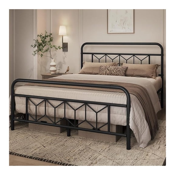 AIZYT Queen Bed Frames Metal Platform Bed with Vintage Style Headboard/Mattress Foundation/No Box Spring Needed/Under Bed Storage/Strong Slat Support Black Queen Bed