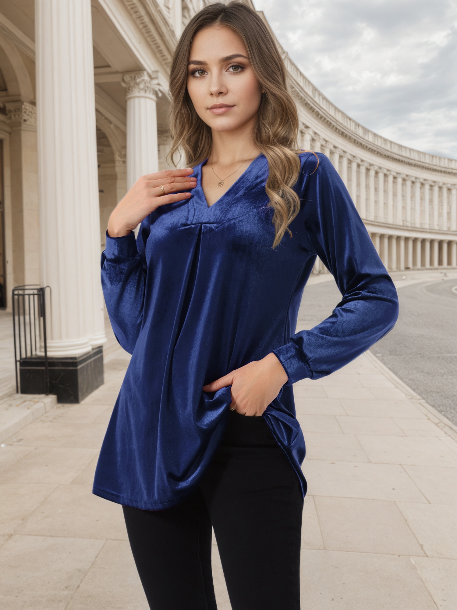 DARING DIVA Women's Velvet Top V Neck Long Sleeves Loose Blouse L Dark Blue