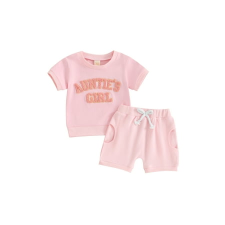 

Toddler Baby Girls Cute Outfit Letter Embroidery Short Sleeve T Shirt Top and Solid Elastic Shorts 2 Piece Summer Clothes
