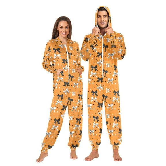 Adult Christmas Onesie Halloween Themed Bows Orange Background Adult Zipper One-Piece Pajamas Unisex Pajamas with Pockets