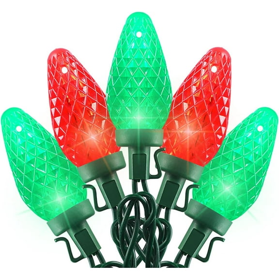 C9 Christmas String Lights Outdoor - 25 Count Faceted Christmas Lights LED Strawberry String Lights for Christmas Tree, Eave, Pathway, Garden, 16 Feet Green Wire Red and Green