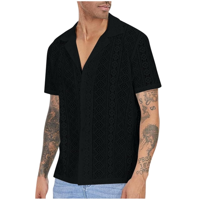 Birdeem Chemises pour Hommes Chemise en Dentelle Transparente à Boutons Manches Courtes Col Rabattu