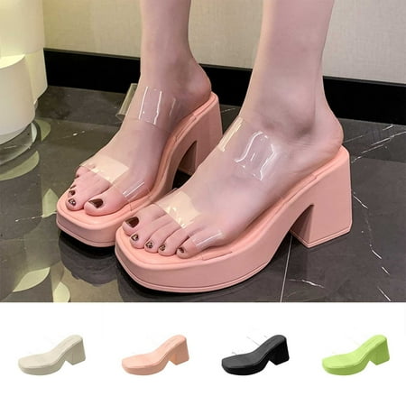 New & Trending  Large Size Transparent Strap Slippers  High Heels Platform  One Line Design  Women s Fashion  Comfortable Home Shoes  Nightwear  Indoor Wear  Womens Plus Size Clothing | Black 35