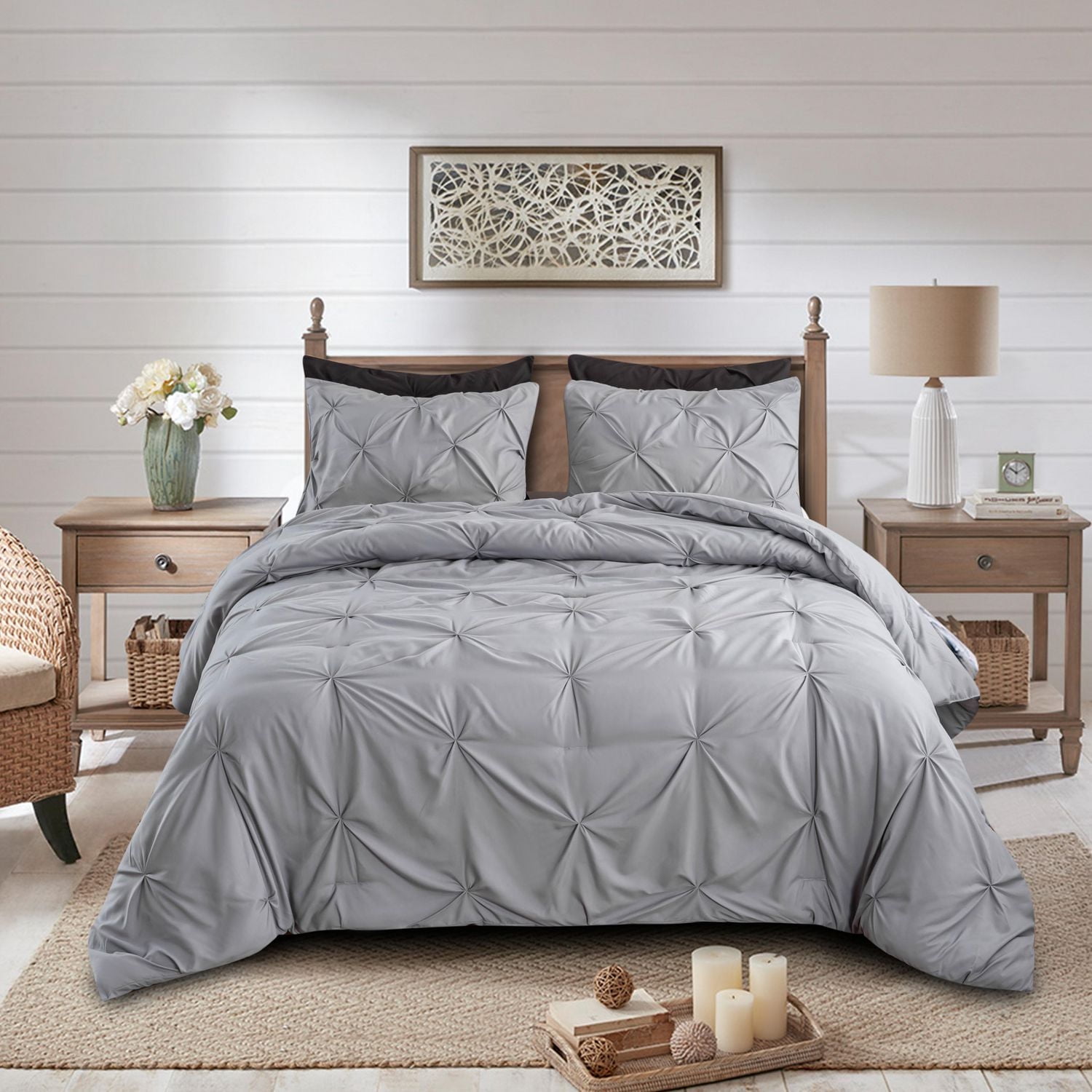 Literie Marina Décoration ultra douce et luxueuse en duvet d'oie, motif géométrique uni, capitonné et plissé, avec taies d'oreiller à volants, gris