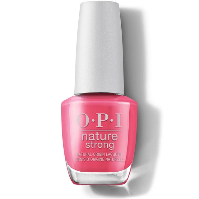 nat a kick in the bud OPI Nature Strong esmalte para uñas tono rosado coral, frasco frontal centrado con tapa blanca, botella de vidrio transparente que muestra el color; etiqueta "OPI nature strong" legible, fondo blanco con sombra lateral, acabado brillante y larga duración según especificaciones.