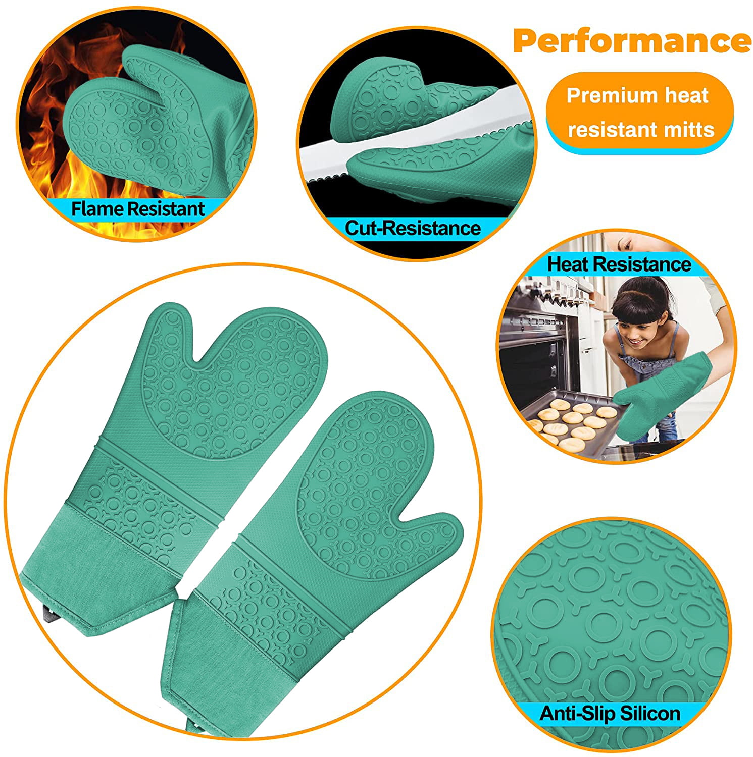 KLEX 1 Pair Extra Long Silicone and Cotton Oven Mitt for Oven Cooking,  Baking and Grilling, Up to 600 Degrees Heat Resistance, Poly Fleece Quilted  Lining, Green, 15 inches