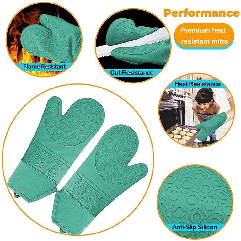 Extra Long Oven Mitts and Pot Holders Sets, RORECAY Heat Resistant Silicone Oven  Mittens with Mini Oven Gloves and Hot Pads Potholders for Kitchen Baking  Cooking, Quilted Liner, Green, Pack of 6 