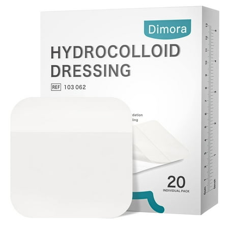 Dimora Hydrocolloid Wound Dressing, 20 Pack Ultra Thin 4" x 4" Large Patch Bandages with Self-Adhesive