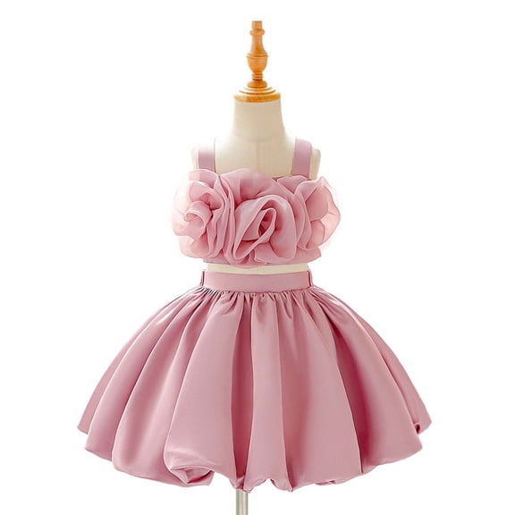 IVEYRTF Childrens 2 Piece Dress Girls Birthday Party Dress Princess Dress with 3D Floral Appliques Toddler Girls Formal Party Wear Holiday Celebration Outfit(Pink,7-8 Years)